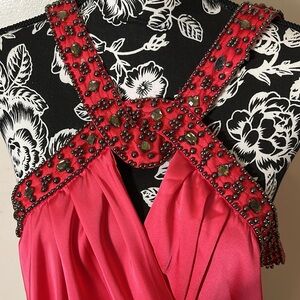 Fredrick’s of Hollywood pink / coral embellished faux Wrap halter Top